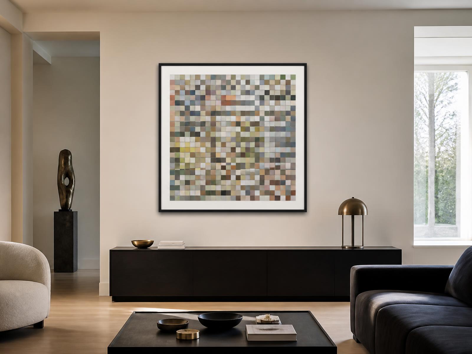 Illustrative view of a large framed Million Frame artwork in a refined gallery interior
